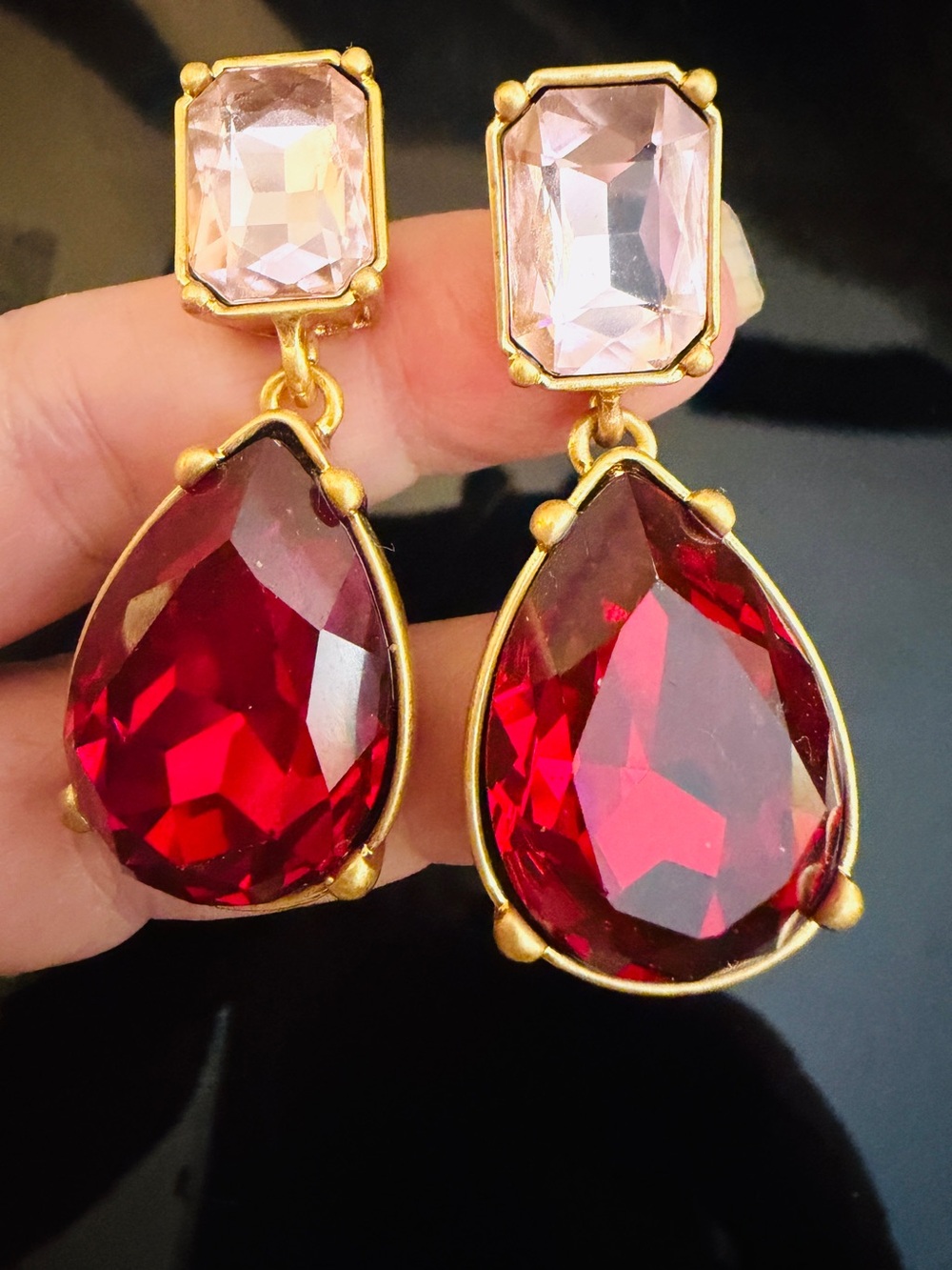 Oscar de la Renta Crystal Drop Teardrop Earrings Ruby Pink SIGNED Pierced/POST - Picture 6 of 10